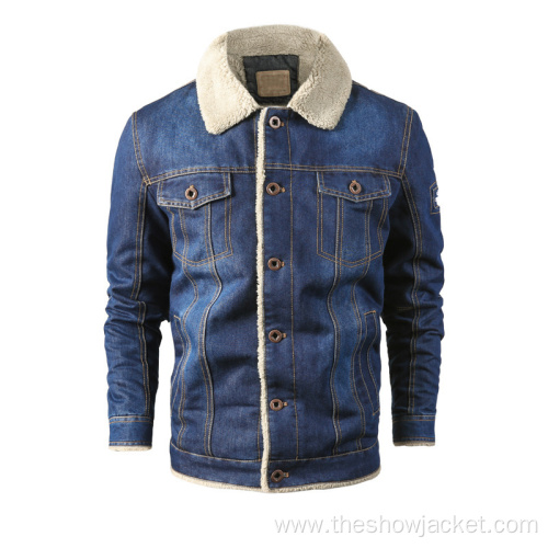 OEM Custom Men's Fleece Blue Denim Jacket Embroidery